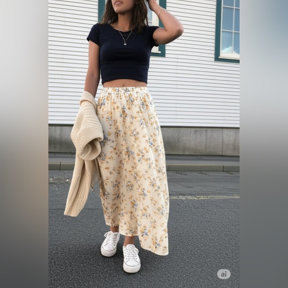 FOREVER 21 | Floral Print Skirt in Cream and Blue - Picture 1 of 14